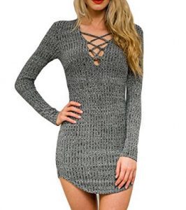 Best dress to wear with come fuck me boots Persun Women's Grey Plunge Neck Lattice Lace Up Long Sleeve Bodycon Mini Dress